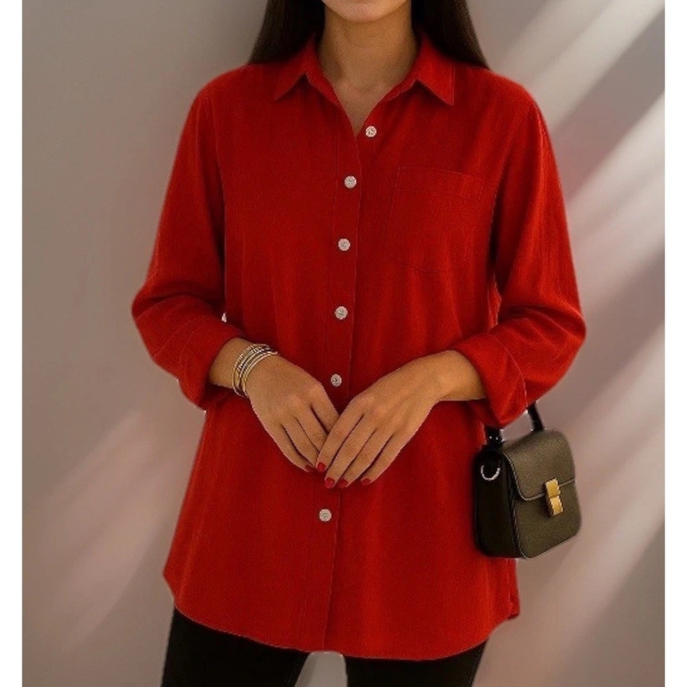 SOFT SURROUNDINGS Red Linen Blend Tunic Shell Buttons Gold Zip Quiet Luxury - L